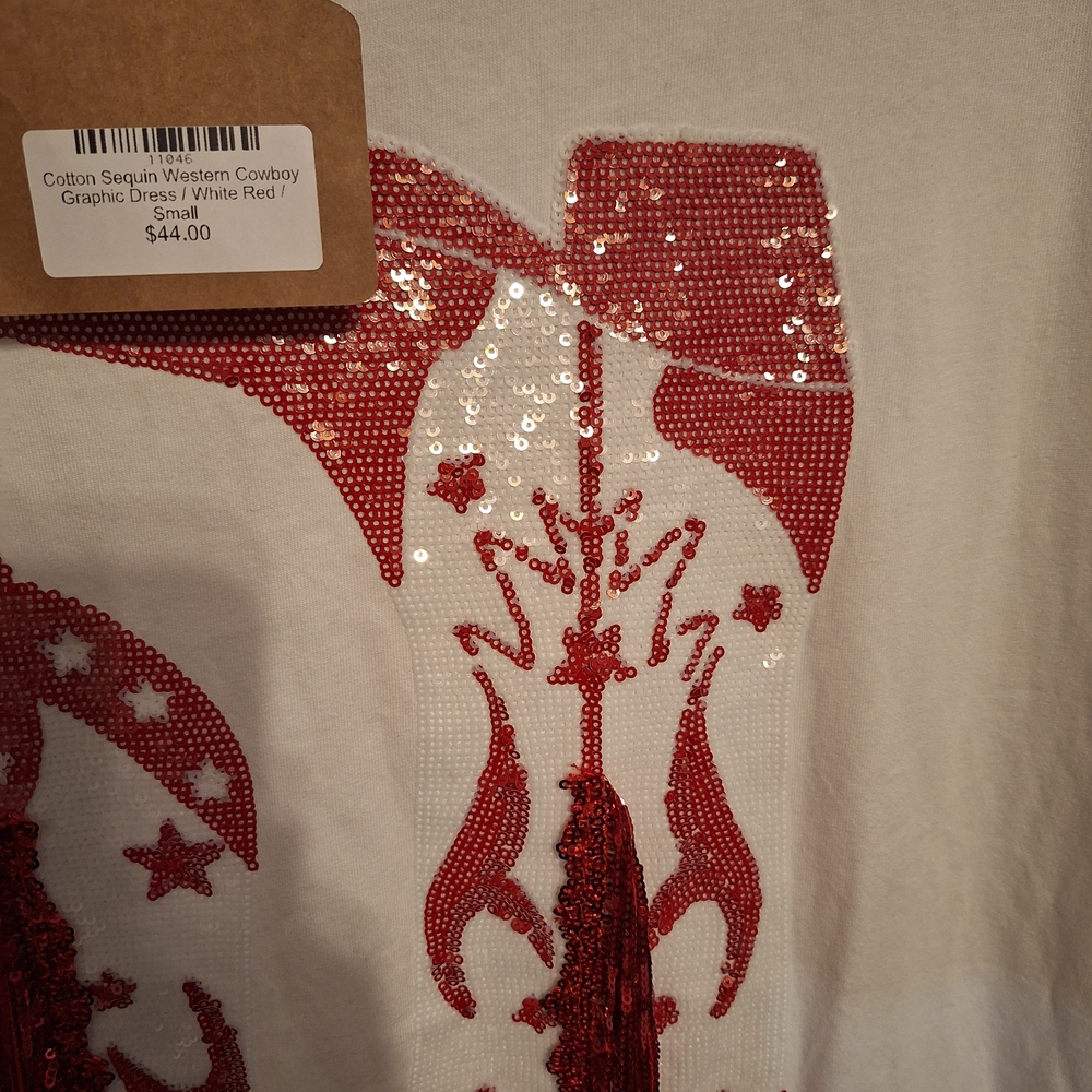 Blue B. Collection White T-shirt with Red Sequin & Fringe Cowboy Boot Design - Picture 4 of 13